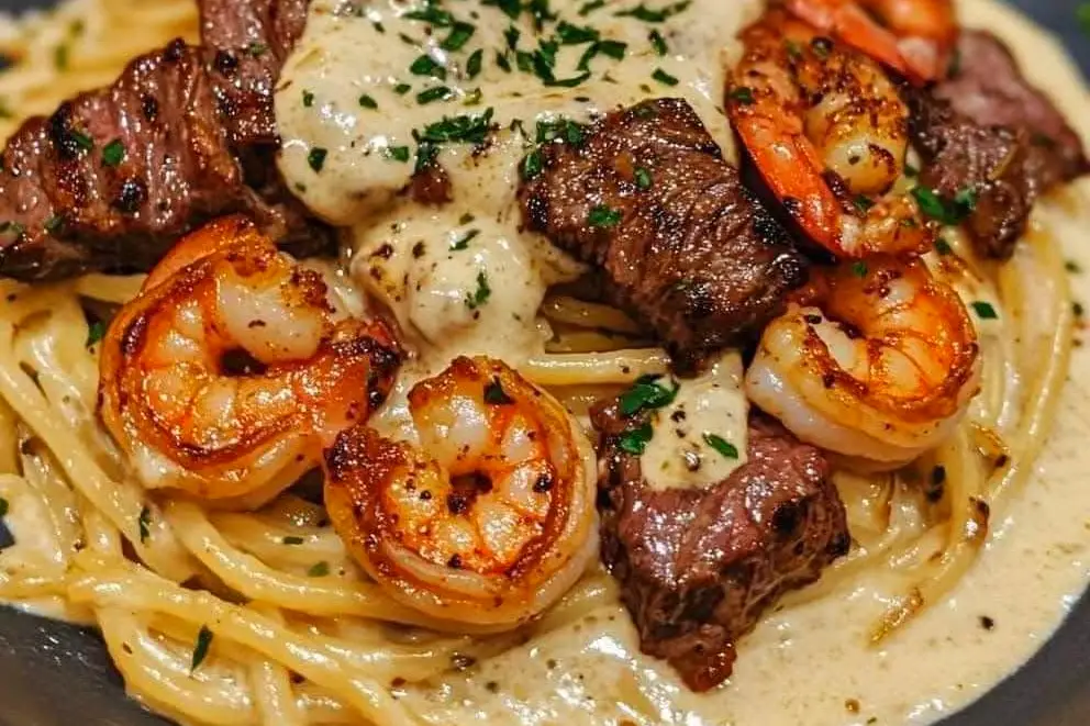 Cajun Shrimp and Steak Alfredo Pasta