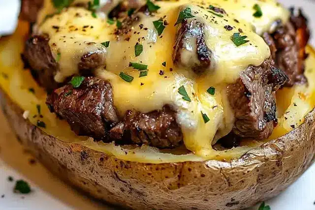 Loaded Steak and Cheese Baked Potatoes