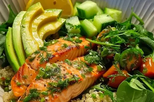 Lemon Herb Salmon and Avocado Quinoa Bowl