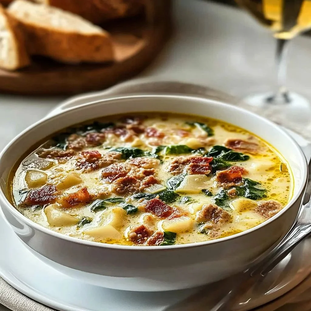 Delicious bowl of Zuppa Toscana soup with fresh ingredients