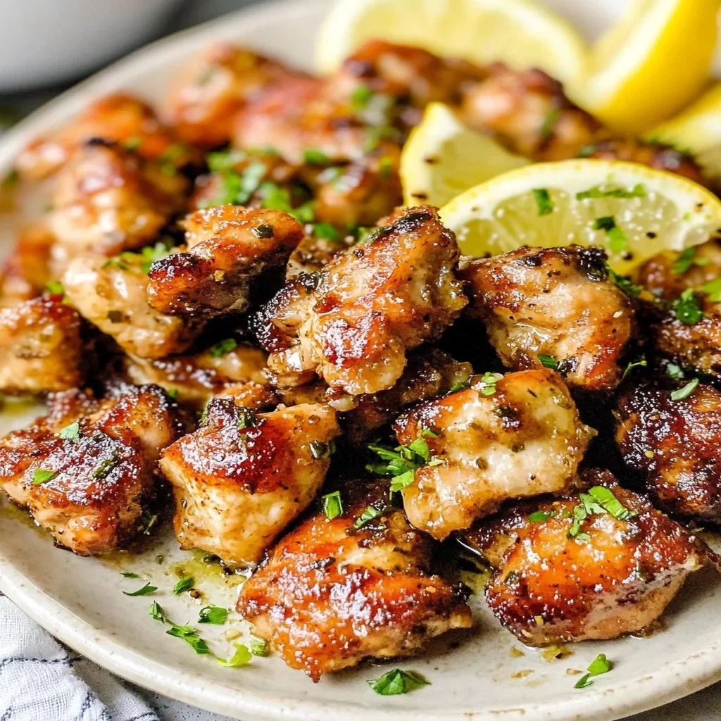 Delicious Air Fryer Lemon Chicken Bites served on a plate with lemon slices.