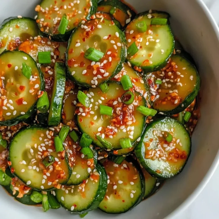 Bowl of Asian spicy cucumber salad garnished with sesame seeds and herbs