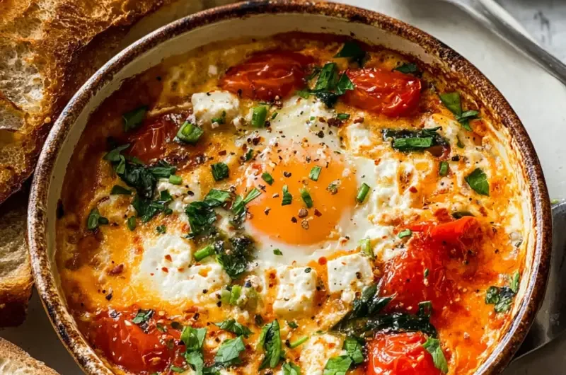 Delicious baked feta eggs served in a rustic dish with herbs