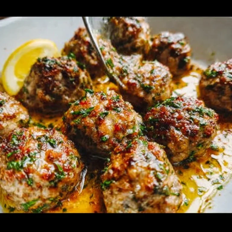 Plate of baked turkey meatballs served with marinara sauce and fresh herbs.