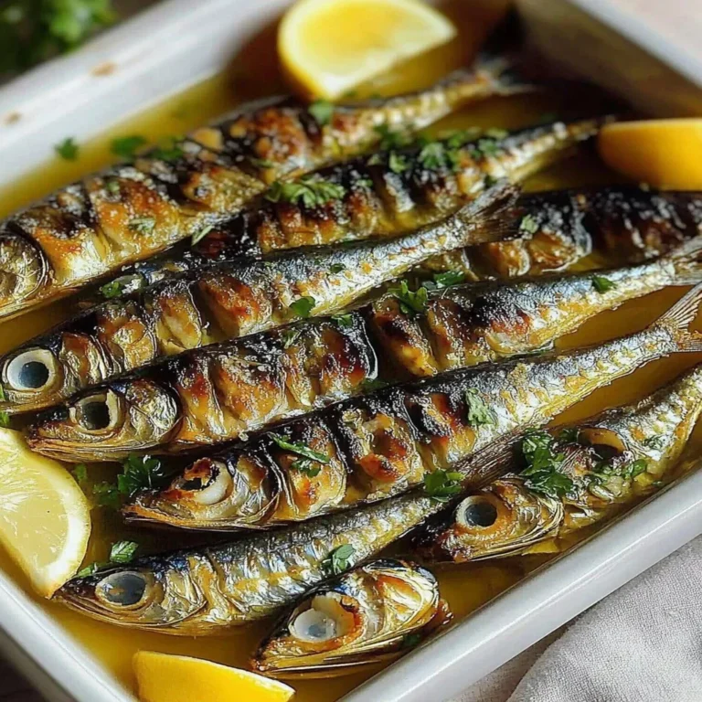 Baked wild sardines served on a plate with lemon and herbs
