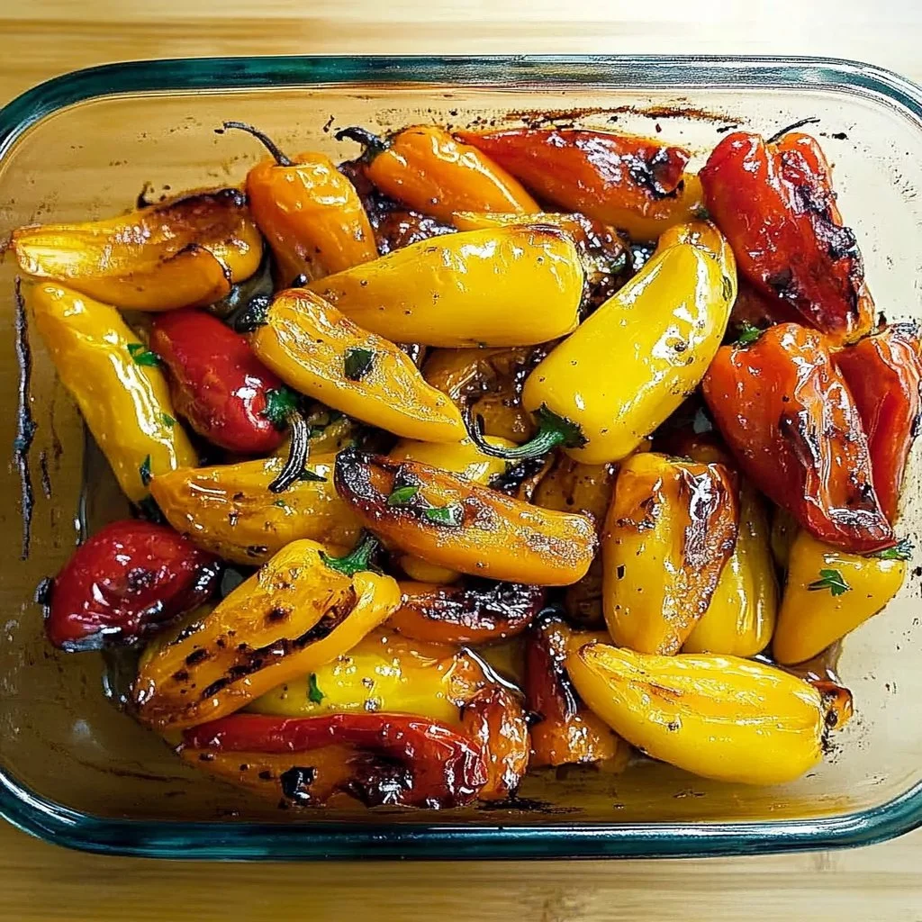 Balsamic roasted mini sweet peppers on a platter, ready to serve.