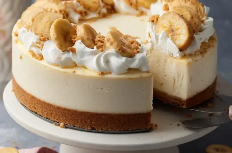 Delicious banana pudding cheesecake topped with whipped cream and bananas