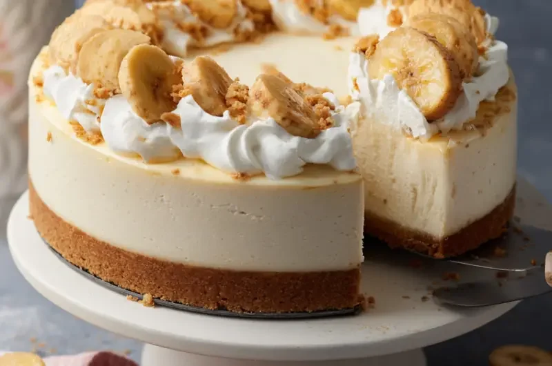 Delicious banana pudding cheesecake topped with whipped cream and bananas