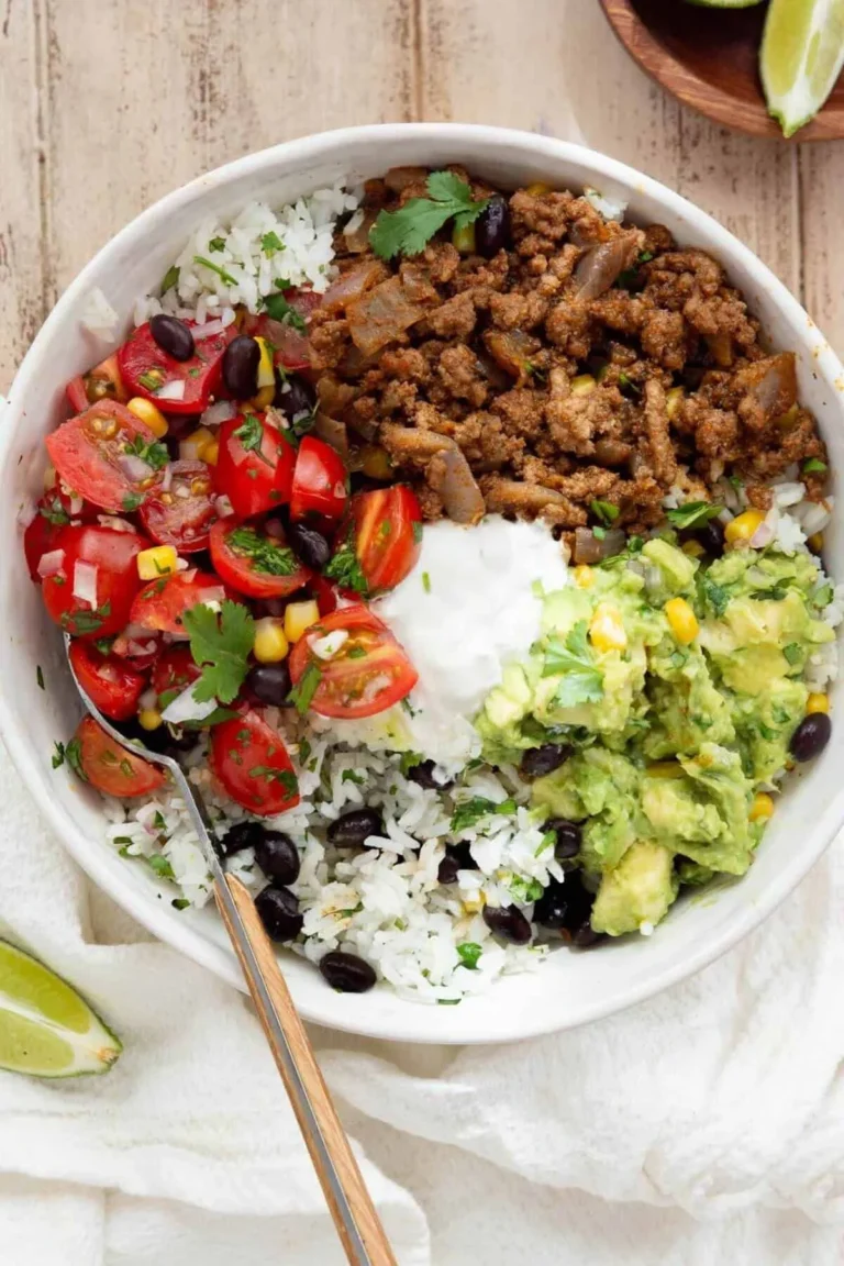 Savory beef burrito bowl with fresh toppings and ingredients