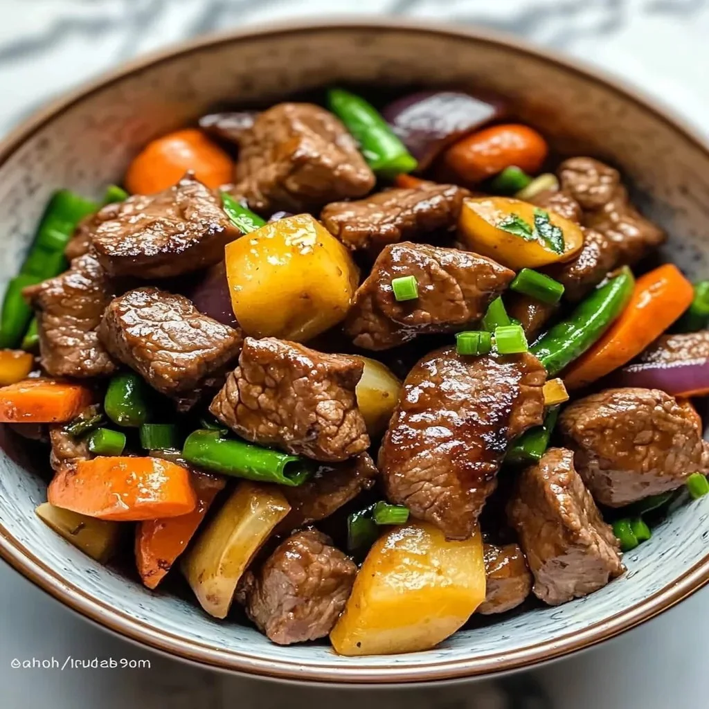 Beef stir fry with colorful vegetables on a plate