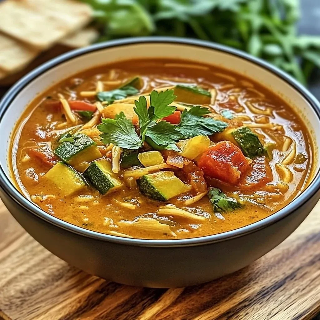 A bowl of Remi's Ratatouille Soup garnished with fresh herbs and vegetables.