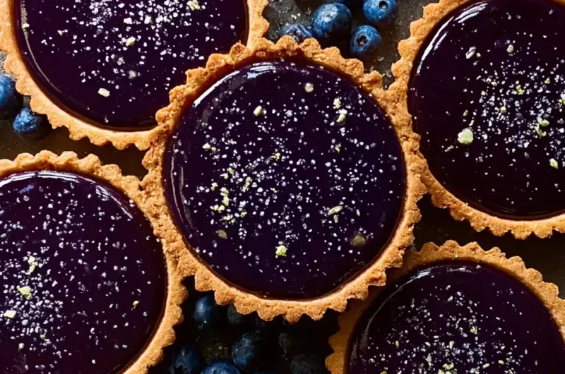Delicious blueberry ganache tart topped with fresh blueberries and chocolate glaze.