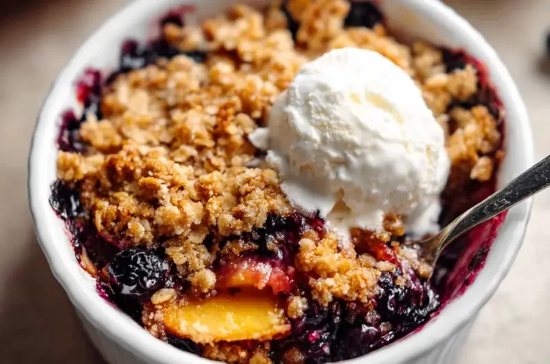 Freshly baked blueberry peach crumble with a golden topping