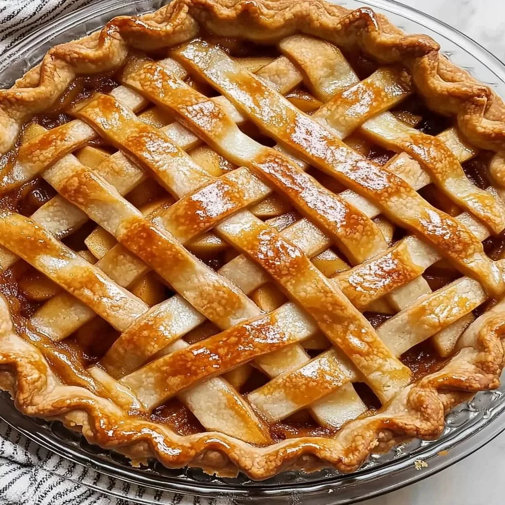 Slice of caramel apple pie with a golden crust and drizzled caramel topping.