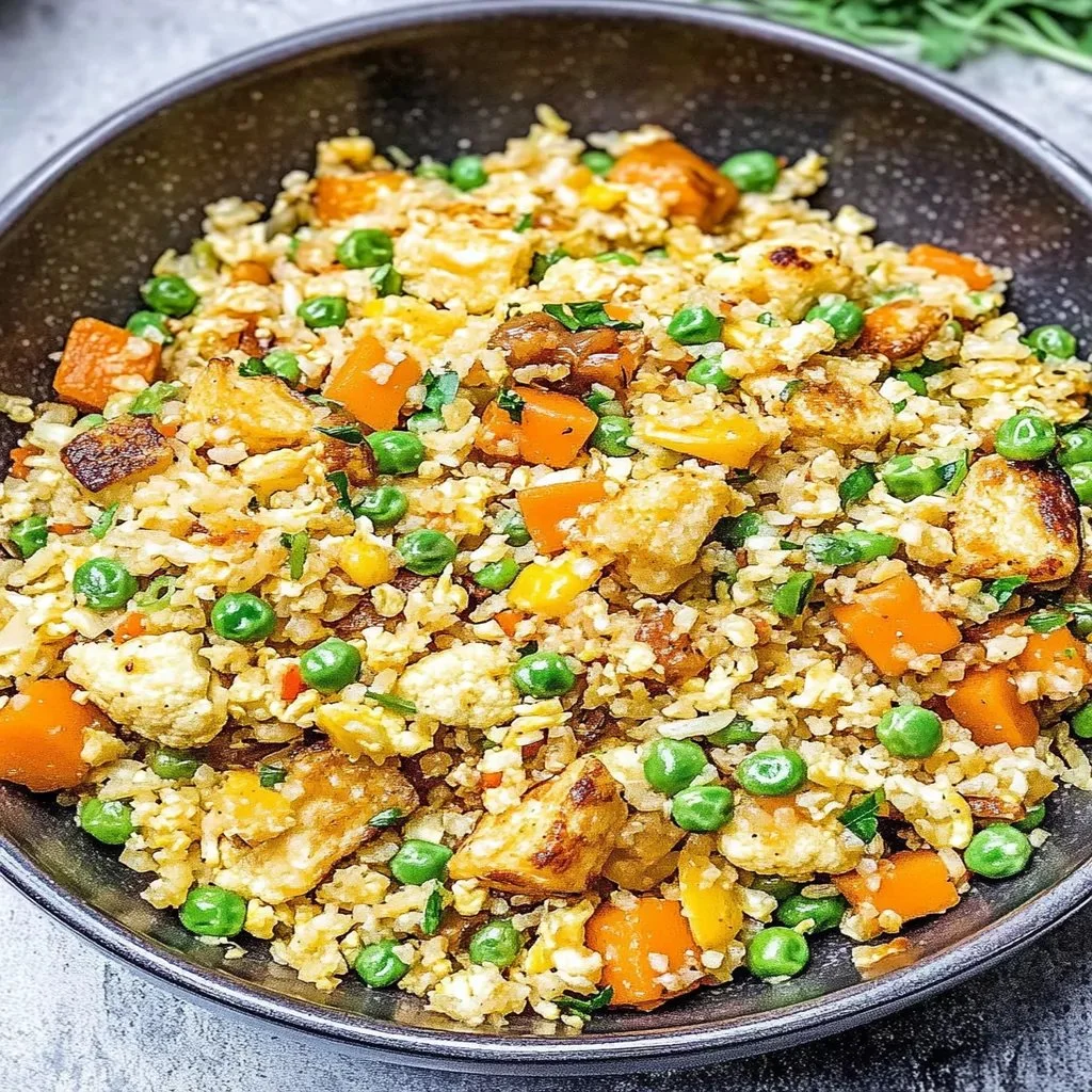 A bowl of colorful cauliflower fried rice with vegetables and herbs.