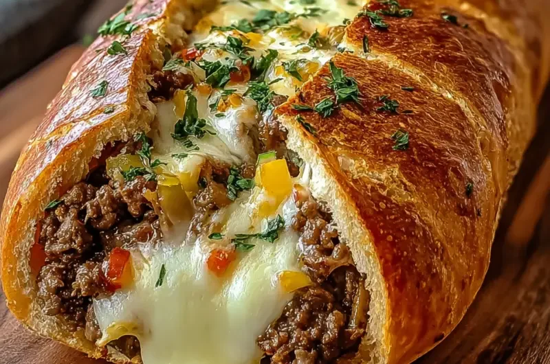 Cheesesteak stuffed garlic loaf served on a wooden board with fresh herbs.
