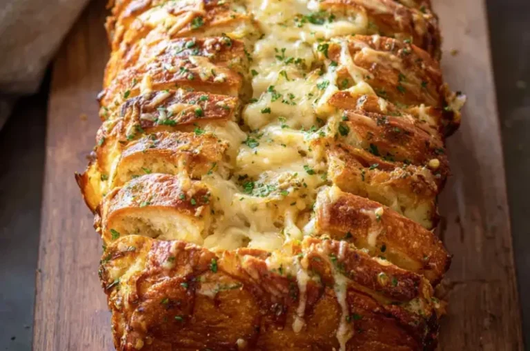 Cheesy Garlic Pull Apart Bread with gooey cheese and aromatic garlic cloves.