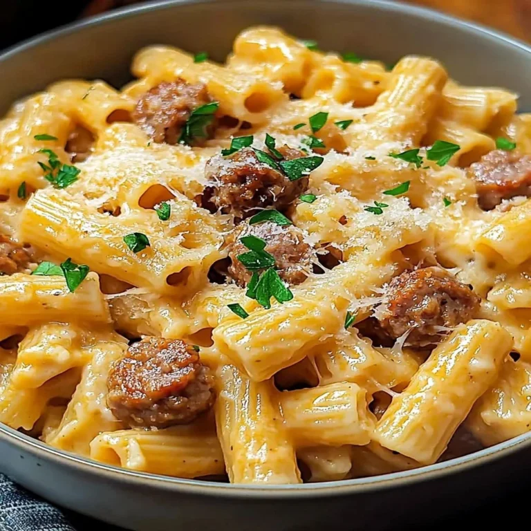 Creamy cheesy sausage pasta dish served in a bowl
