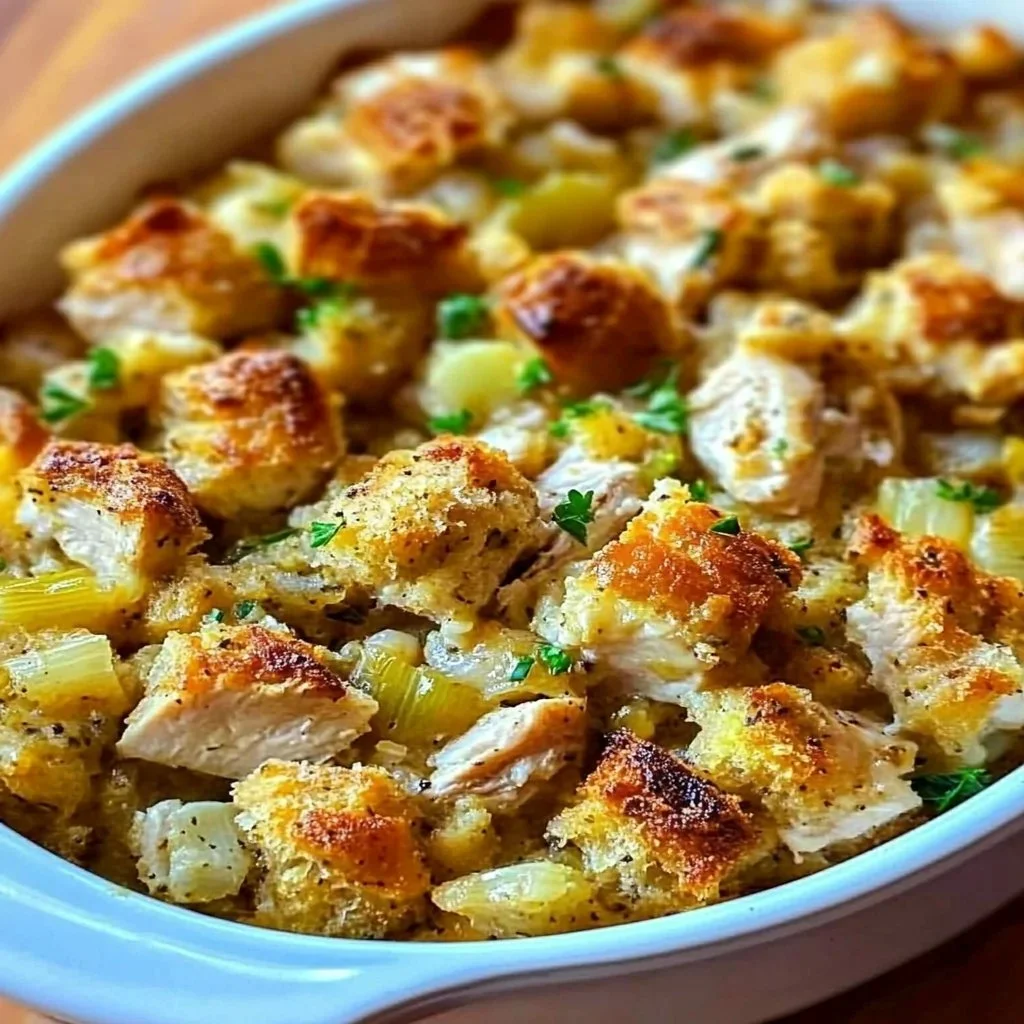 Delicious Chicken and Stuffing Casserole topped with herbs and baked to perfection