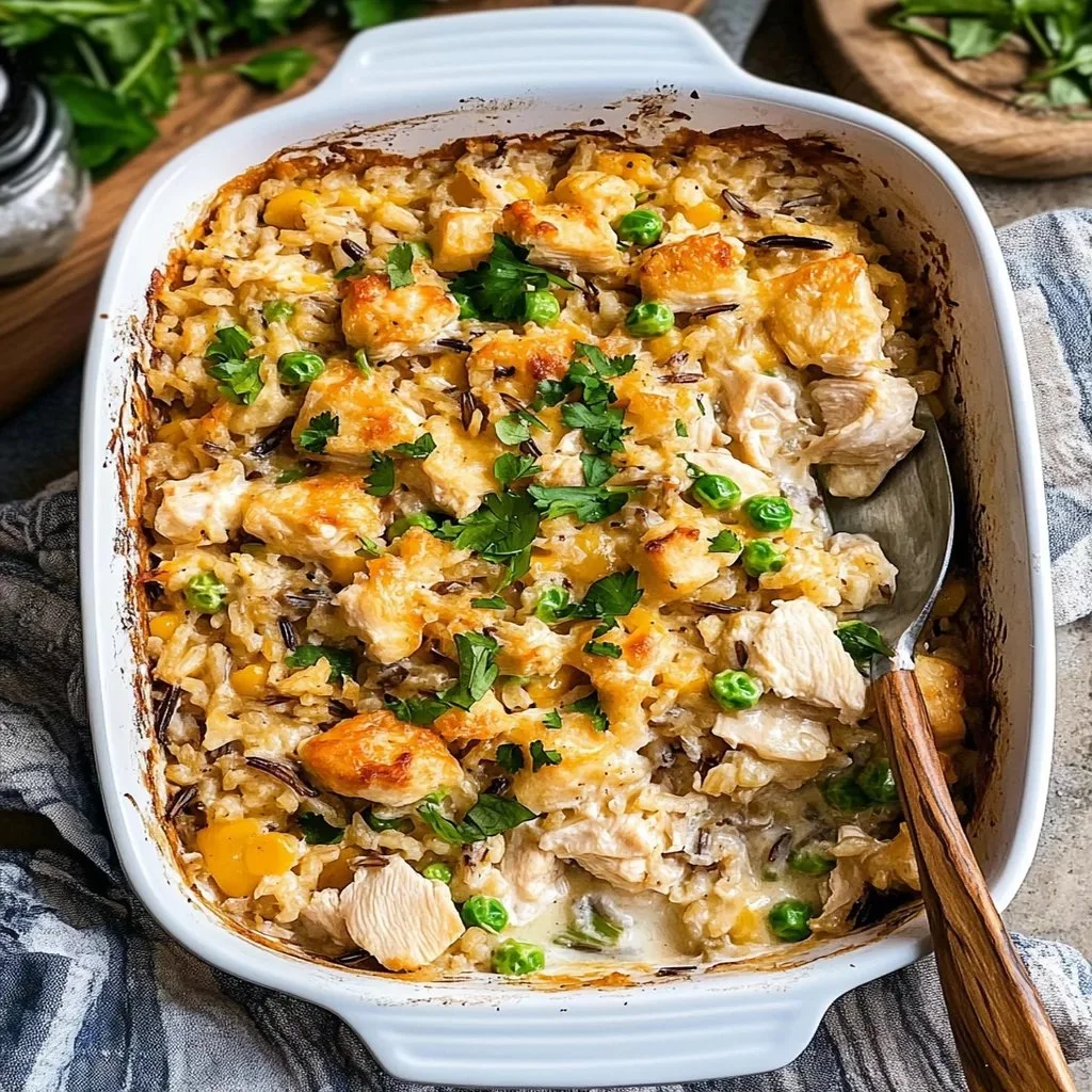 Baking dish of Chicken and Wild Rice Casserole topped with herbs