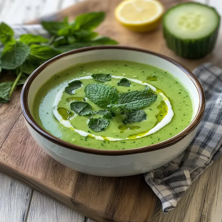 Chilled cucumber mint soup served in a bowl with fresh mint leaves garnish
