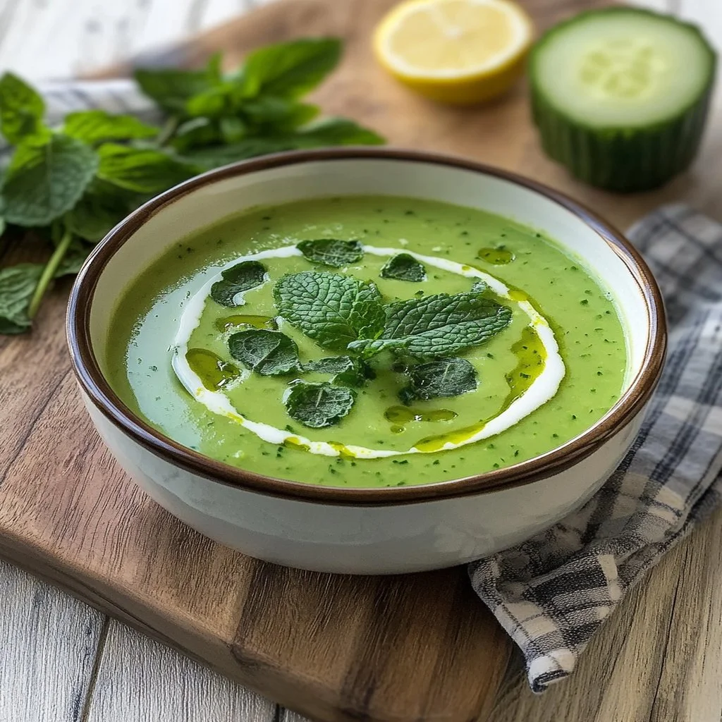 Chilled cucumber mint soup served in a bowl with fresh mint leaves garnish