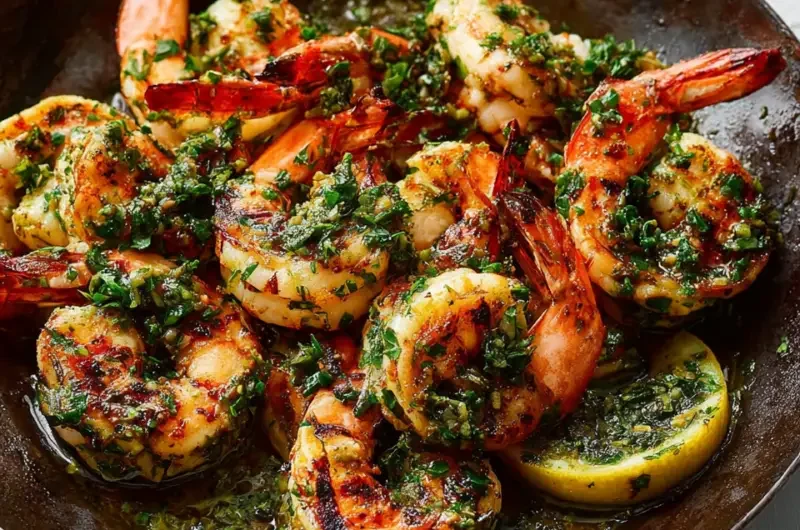 Delicious chimichurri shrimp garnished with herbs and spices