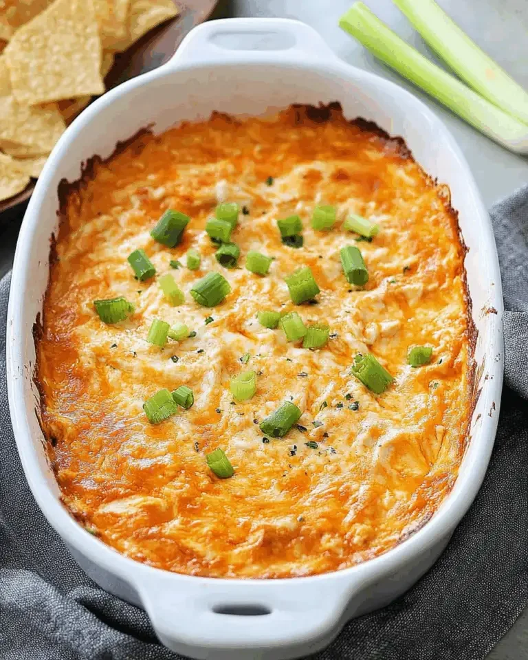 Classic baked Buffalo Chicken Dip served in a bowl with tortilla chips