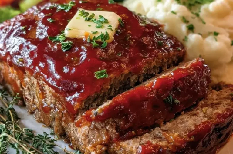 Delicious classic homestyle meatloaf served with mashed potatoes and green beans