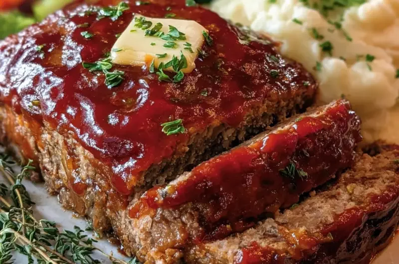 Delicious classic homestyle meatloaf served with mashed potatoes and green beans