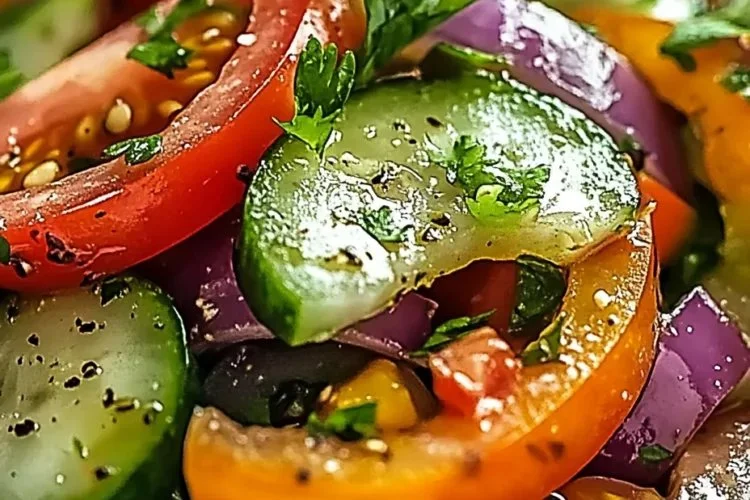 Classic marinated cucumber, tomato, and onion salad in a bowl