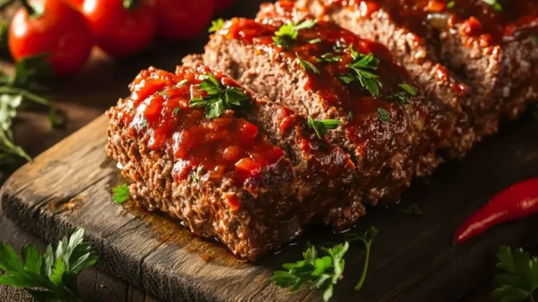 A delicious slice of classic meatloaf served with mashed potatoes and greens.
