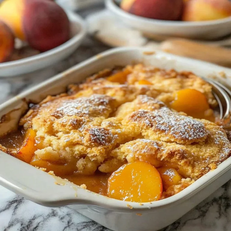 Delicious Classic Southern Peach Cobbler served warm with ice cream
