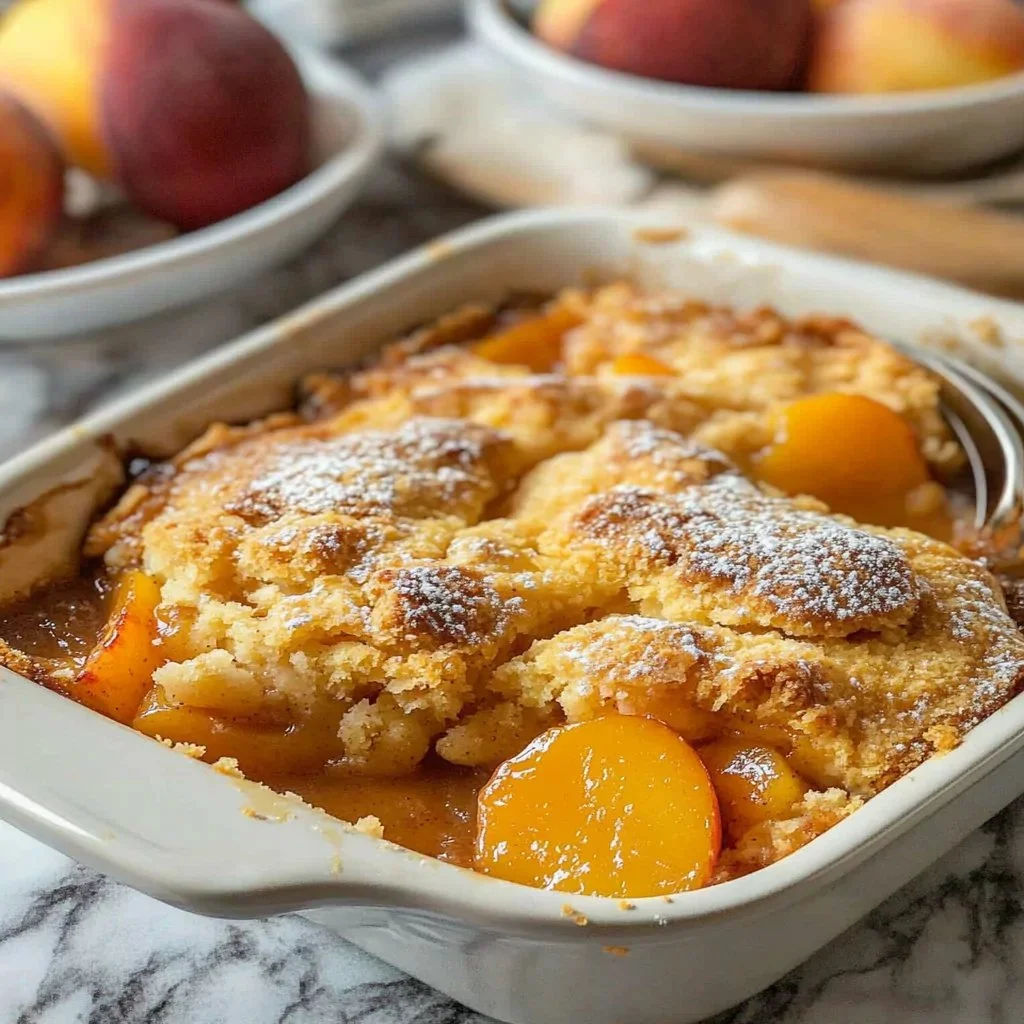 Delicious Classic Southern Peach Cobbler served warm with ice cream