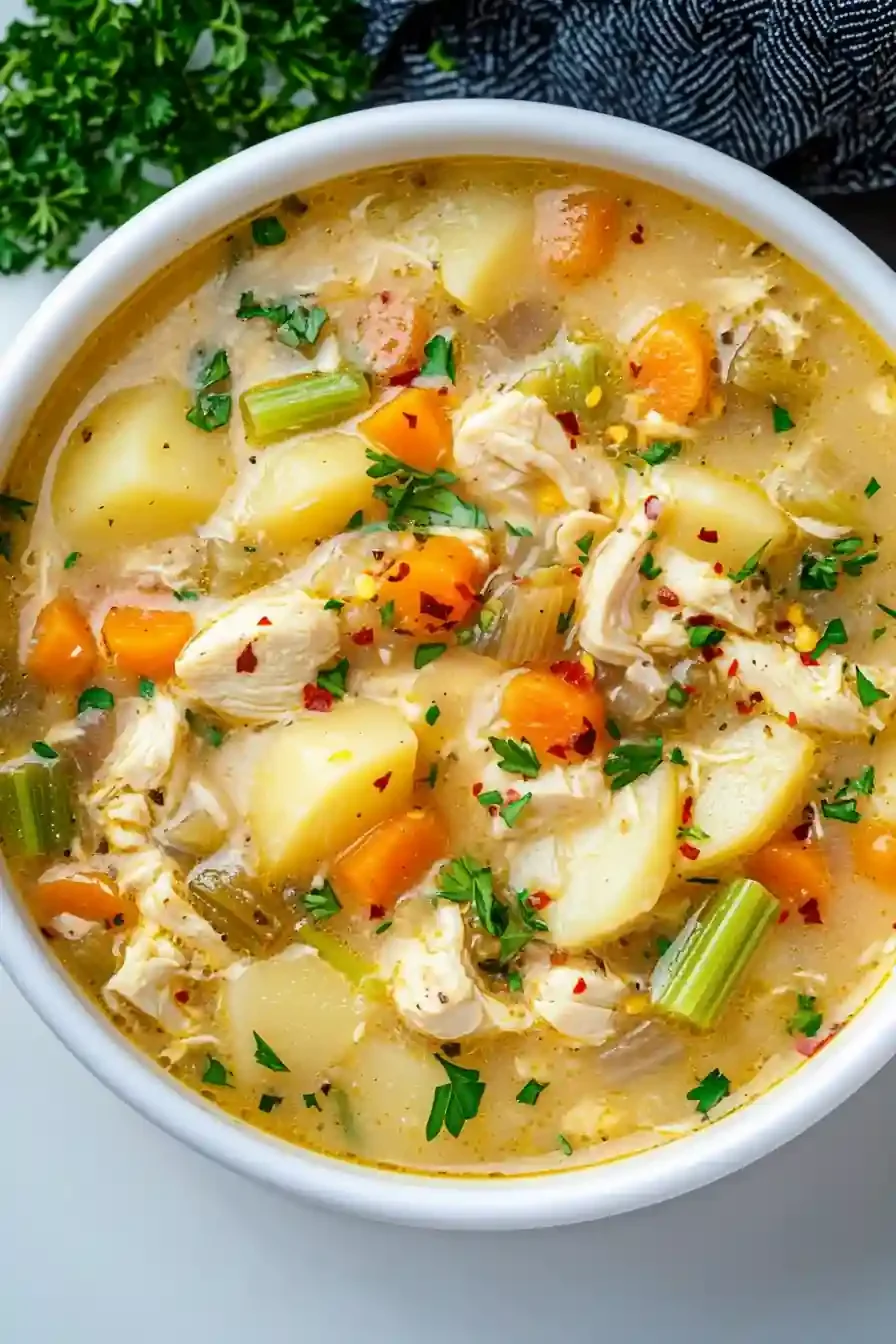 Bowl of comforting chicken soup with potatoes, herbs, and vegetables.