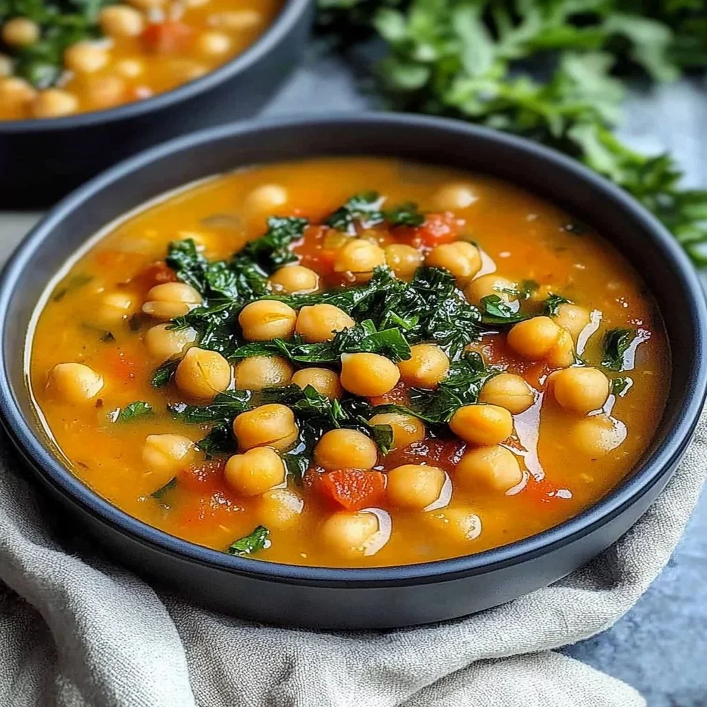 Delicious bowl of Tuscan Chickpea soup garnished with fresh herbs.