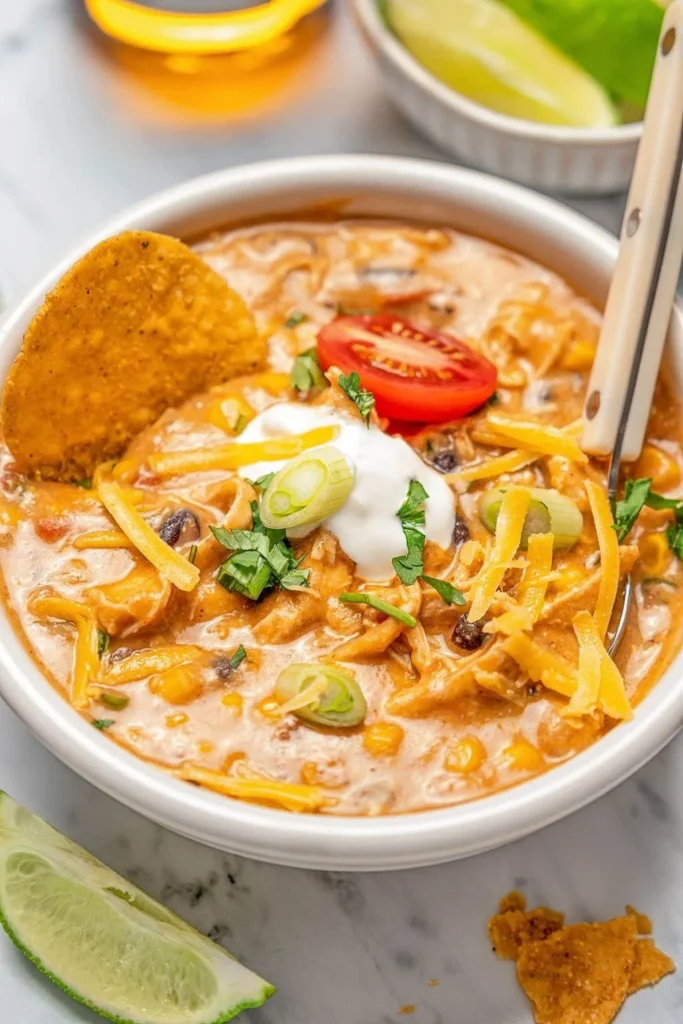 Bowl of creamy and spicy chicken enchilada soup garnished with cilantro
