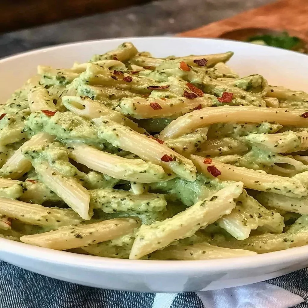 Plate of creamy avocado pasta garnished with herbs and cherry tomatoes