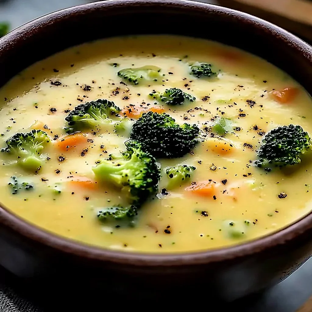 Creamy broccoli cheese soup in a bowl topped with cheese and broccoli florets