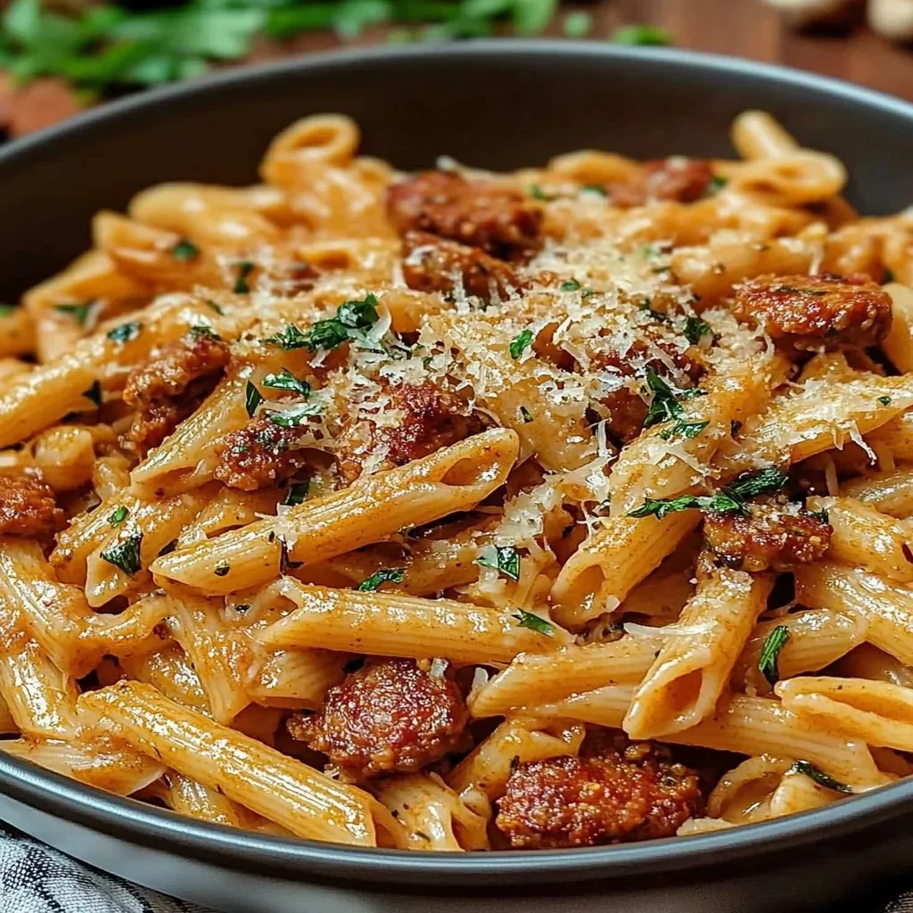 Creamy Cajun sausage pasta served in a bowl with herbs and spices