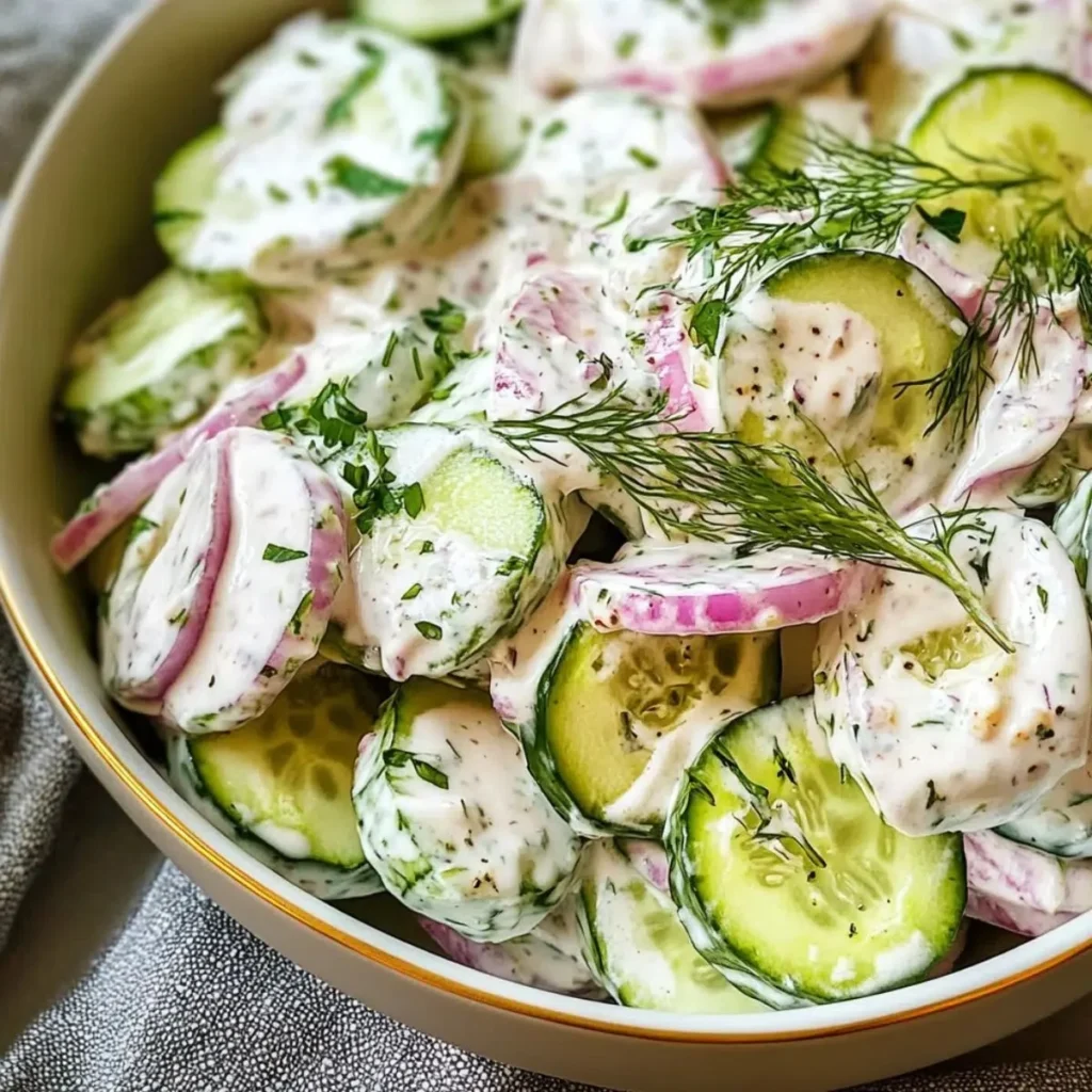 Creamy cucumber salad in a bowl with fresh herbs and spices