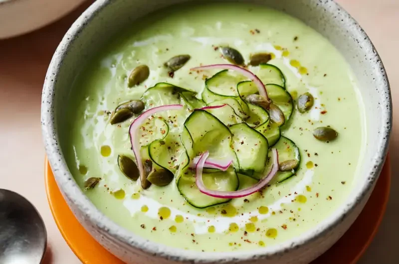 Bowl of creamy cucumber soup garnished with herbs