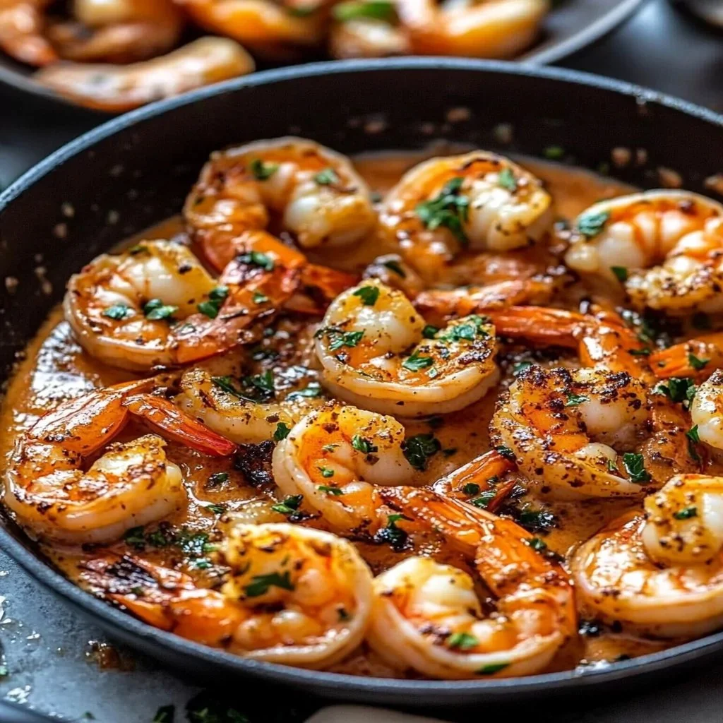 Creamy garlic-paprika shrimp cooked in a skillet, ready to serve.