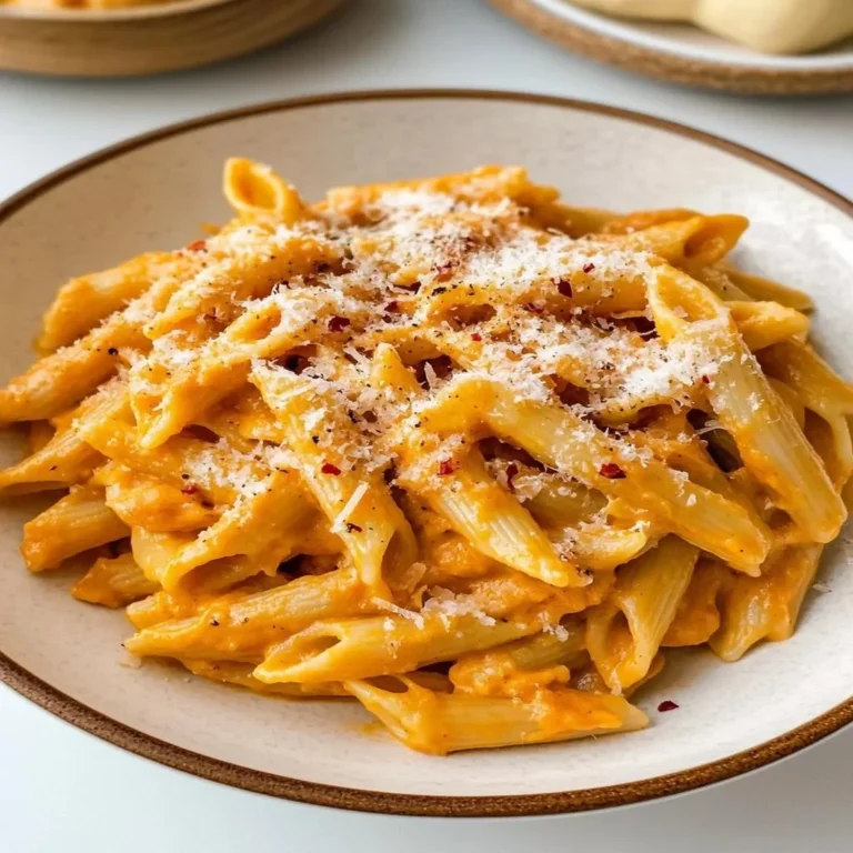 Creamy pumpkin pasta topped with herbs and cheese in a bowl