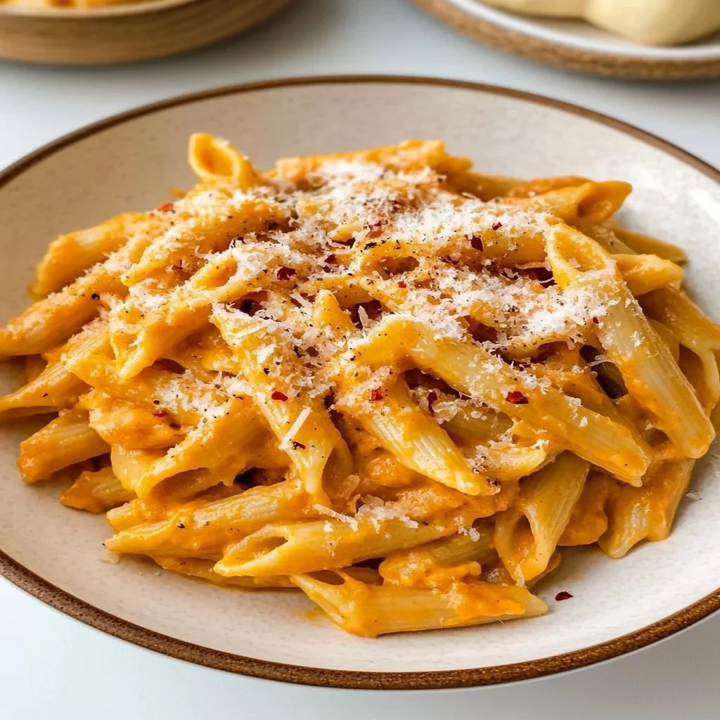 Creamy pumpkin pasta topped with herbs and cheese in a bowl
