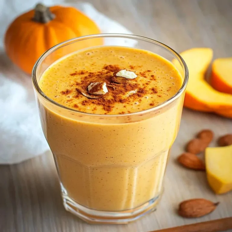 Creamy pumpkin smoothie topped with spices in a glass