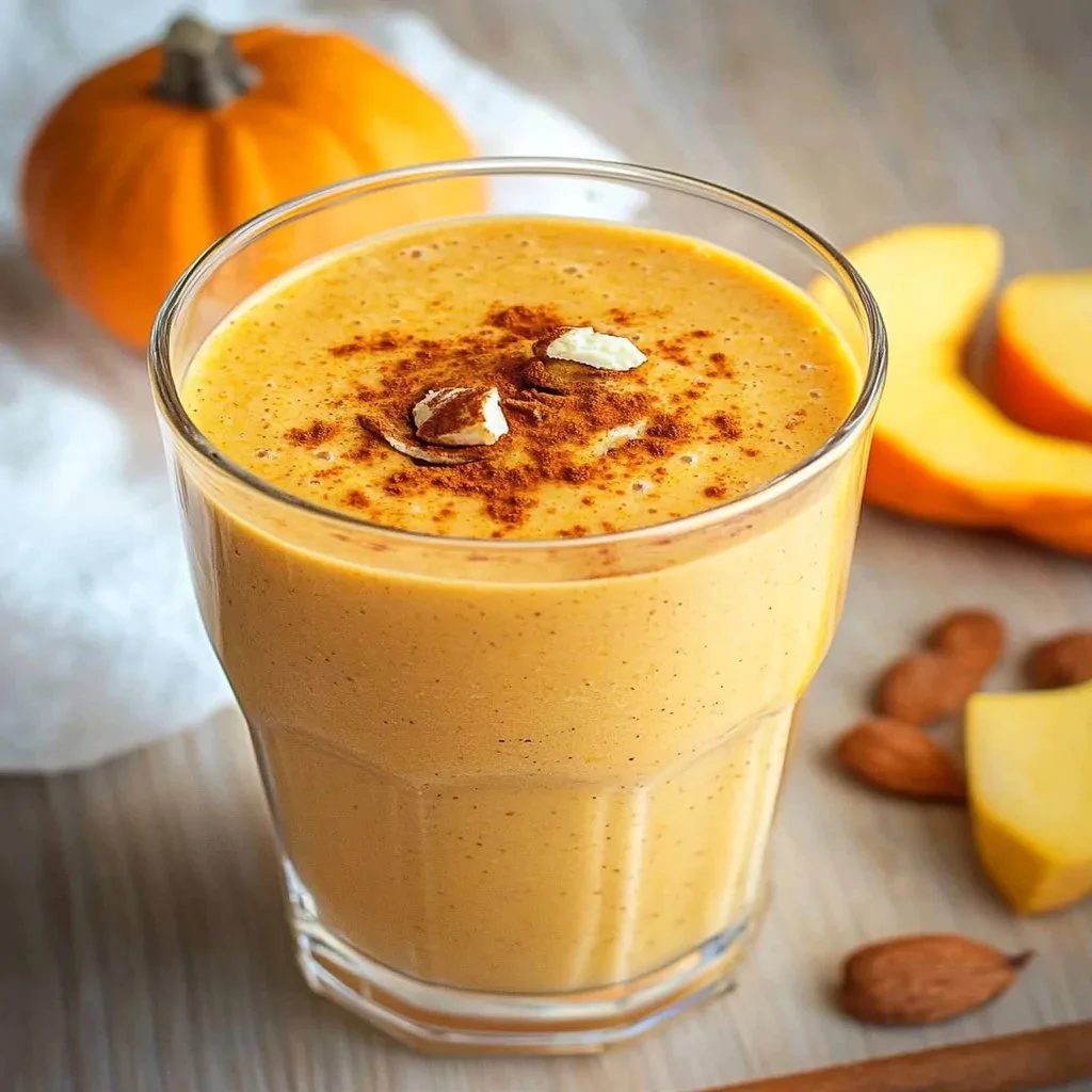 Creamy pumpkin smoothie topped with spices in a glass
