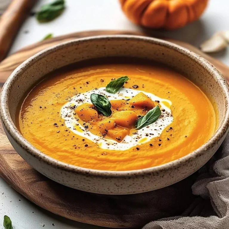 Bowl of creamy pumpkin soup garnished with herbs and spices
