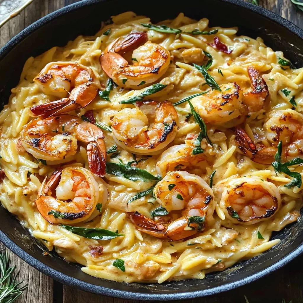 Creamy Tuscan shrimp orzo dish served in a bowl with fresh herbs