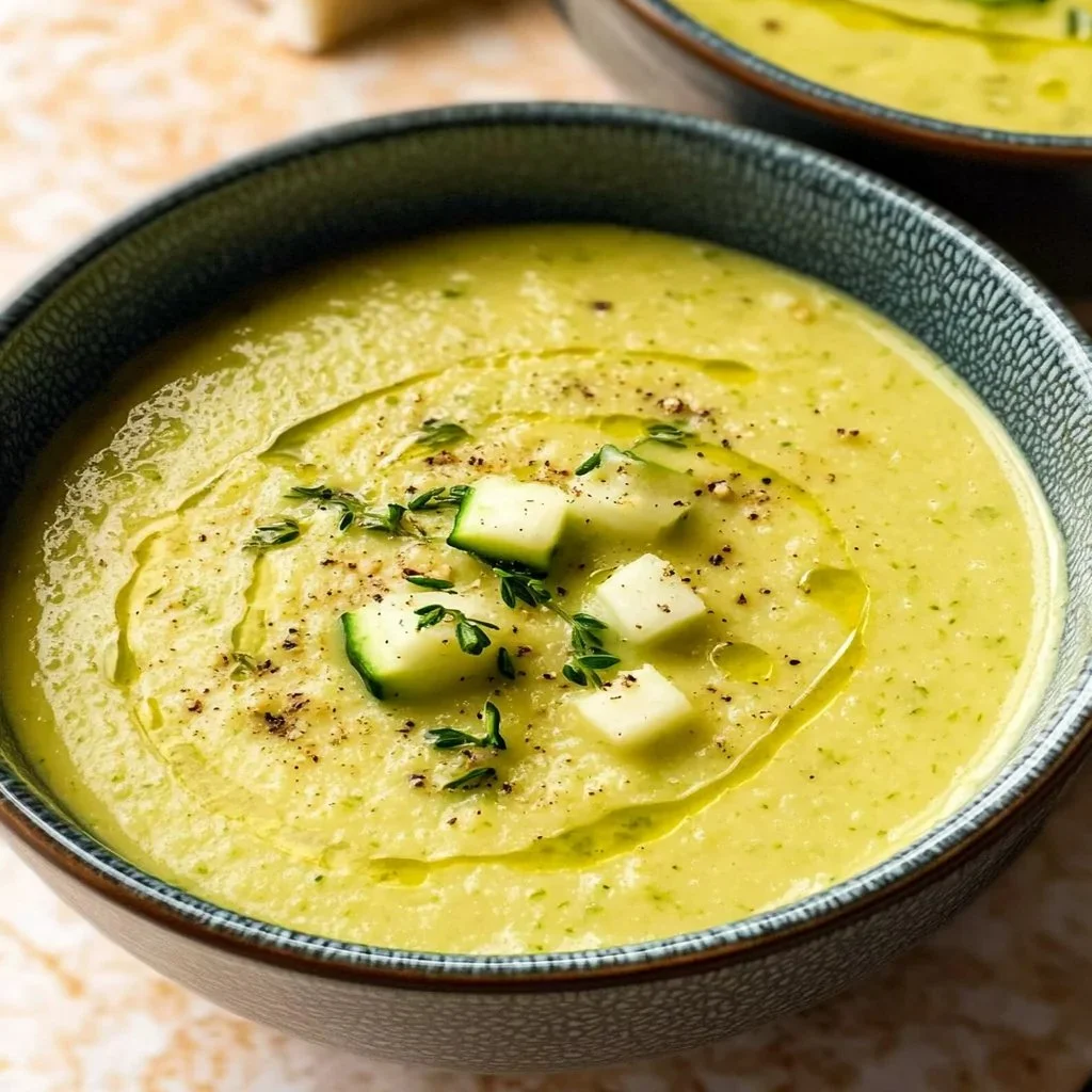 Creamy zucchini soup garnished with herbs in a rustic bowl